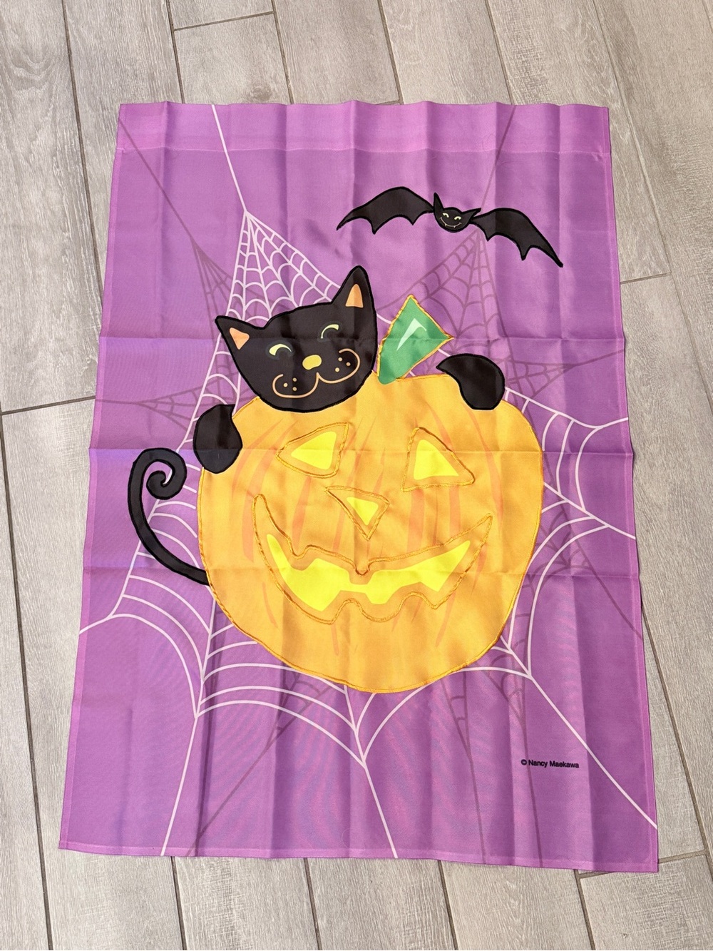 Vintage Purple Halloween Garden Flag with Pumpkin & Black Cat Nancy Maekawa